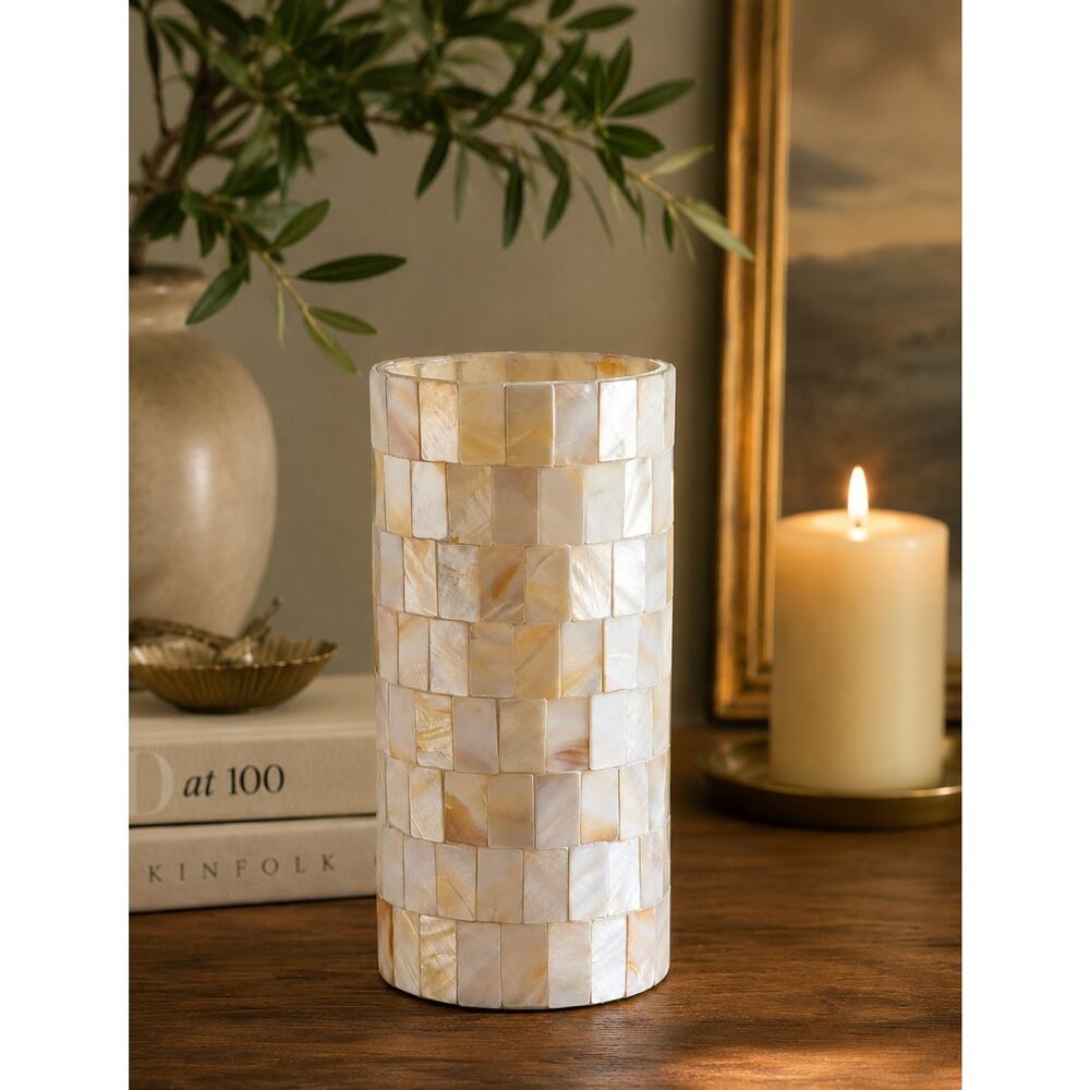 Mother of Pearl Mosaic Pillar Candle Holder Vase Coastal Luxe Decor 8” Tall